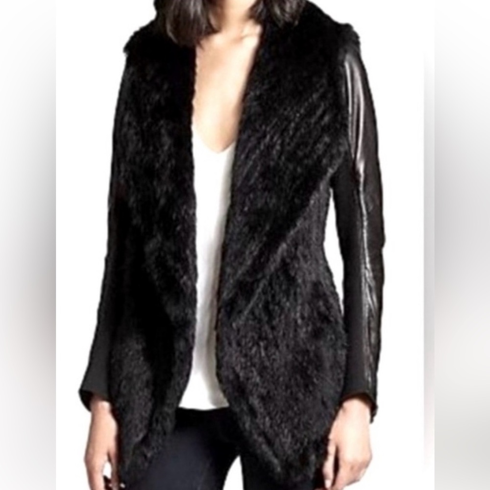 June Black Feathered Fur Jacket with Leather Sleeves